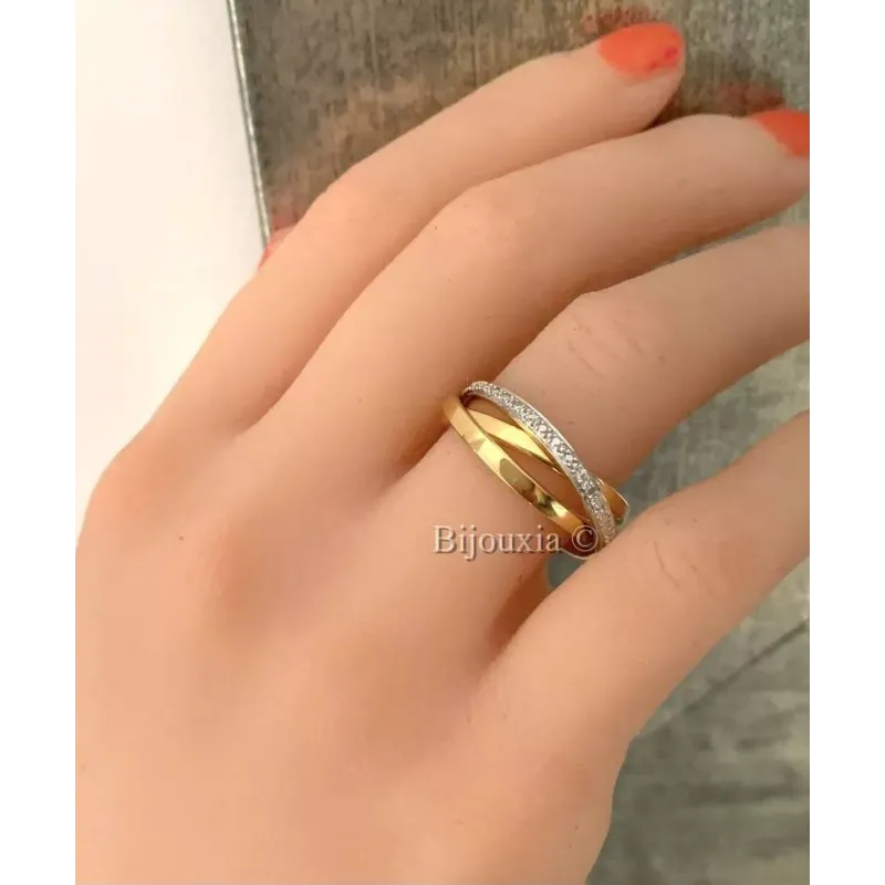 Bague Alliance Plaquée Or 18 Carats - 3 Rangs Oxydes De Zirconium - Largeur 3 Mm - Taille 50 à 60 - 2