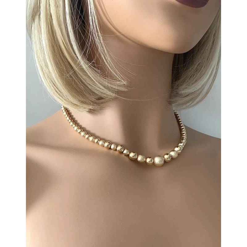 Collier Chute Boules Lisses et Granitées En Plaqué or 750/1000