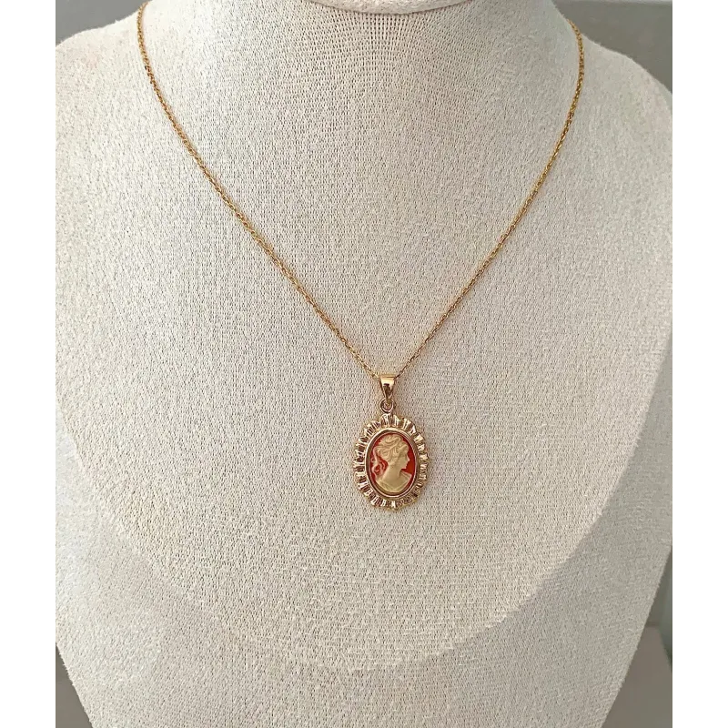 Pendentif Camée Rouge En Plaqué Or 18k - Bijou Femme Neuf Avec étiquettes Bijouxia
