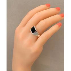 Bague Chevalière Argent Massif 925/1000 et Onyx Poinçonné