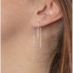 Boucles D'oreilles Double Chaîne Traversante Triple Boules En Argent Massif 925/000
