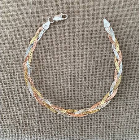 Bracelet Maille Tressée 3 Tons Rose/doré/gris Argent 925/000