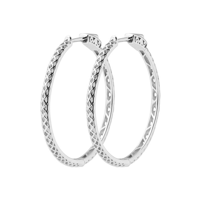 Boucles D'oreilles Créoles 4 CM Contour Strié En Argent Massif 925/000 Rhodié