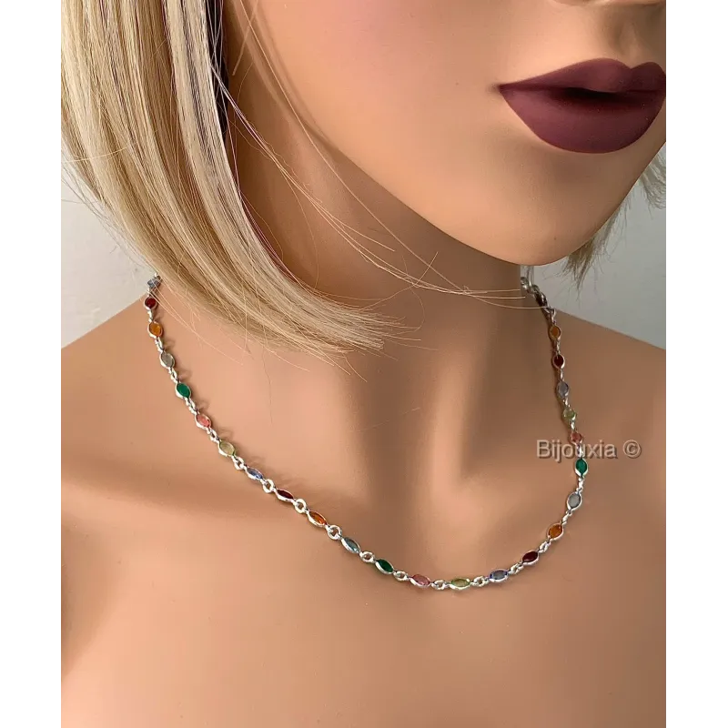 Collier Ras Du Cou (Choker) Multicolore - Cristaux Et Perles Plaqué Argent - Neuf Sans Emballage