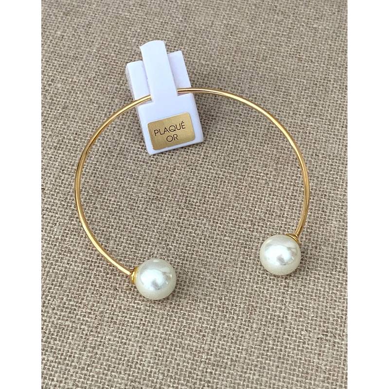 Bracelet Jonc Ouvert Double Perles En Verre Plaqué or 18 Carats