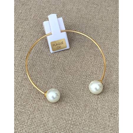 Bracelet Jonc Ouvert Double Perles En Verre Plaqué or 18 Carats