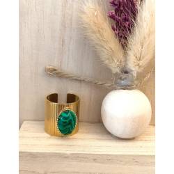 Bague ajustable large en acier inoxydable doré cabochon pierre Malachite