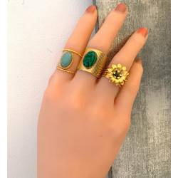 Bague ajustable large en acier inoxydable doré cabochon pierre Malachite