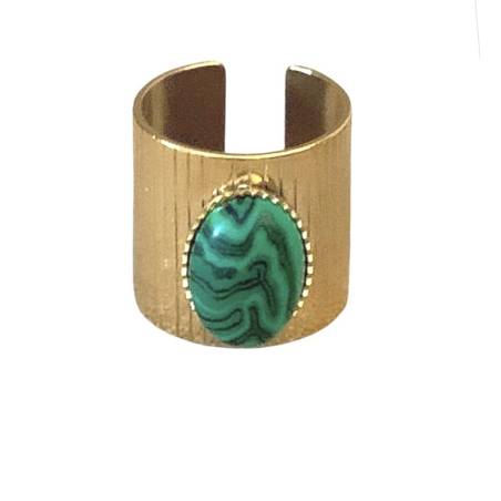 Bague ajustable large en acier inoxydable doré cabochon pierre Malachite