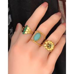 Bague fleur taille ajustable turquoise d'Afrique et acier inoxydable doré