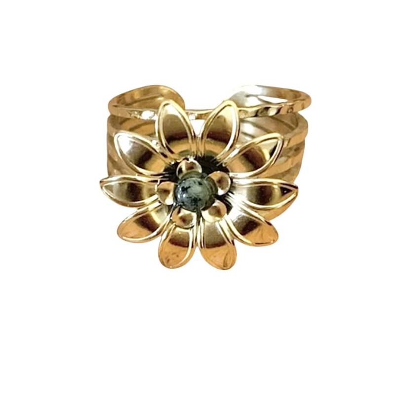 Bague fleur taille ajustable turquoise d'Afrique et acier inoxydable doré