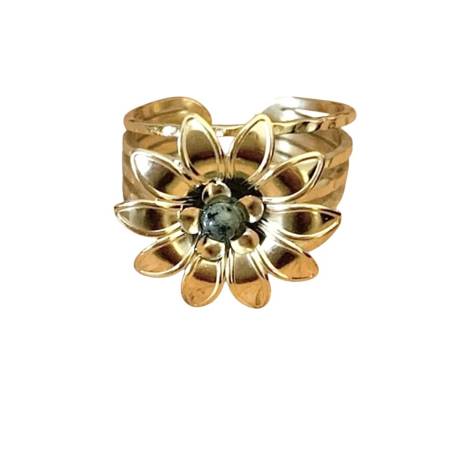 Bague fleur taille ajustable turquoise d'Afrique et acier inoxydable doré