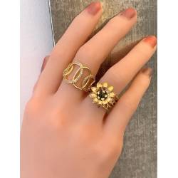 Bague fleur taille ajustable turquoise d'Afrique et acier inoxydable doré