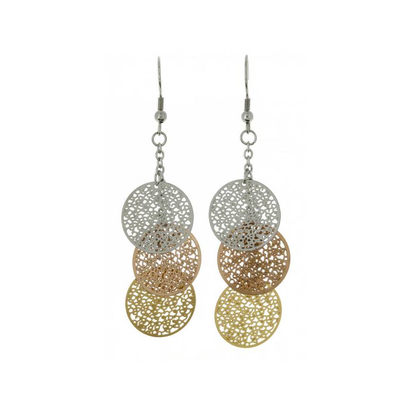 Boucles d’oreilles pendantes 3 cercles ajourés tricolores en acier inoxydable