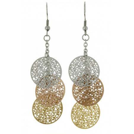 Boucles d’oreilles pendantes 3 cercles ajourés tricolores en acier inoxydable