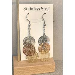 Boucles d’oreilles pendantes 3 cercles ajourés tricolores en acier inoxydable