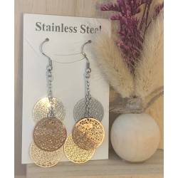 Boucles d’oreilles pendantes 3 cercles ajourés tricolores en acier inoxydable