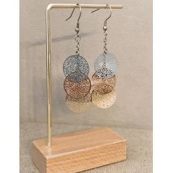 Boucles d’oreilles pendantes 3 cercles ajourés tricolores en acier inoxydable