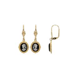 Boucles D'oreilles Dormeuses Portrait Camée Résine Noire Plaqué or 18 Carats