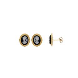 Boucles D'oreilles Puces Camée Résine Noire En Plaqué or 18 Carats 750/1000