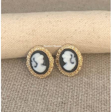 Boucles D'oreilles Puces Camée Résine Noire En Plaqué or 18 Carats 750/1000