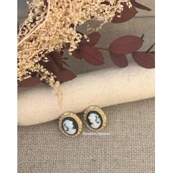 Boucles D'oreilles Puces Camée Résine Noire En Plaqué or 18 Carats 750/1000