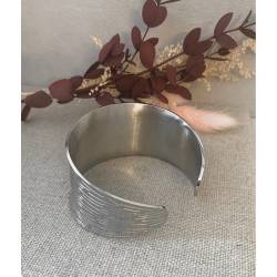 Bracelet jonc manchette motifs striés en acier inoxydable argenté