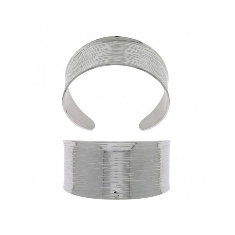 Bracelet jonc manchette motifs striés en acier inoxydable argenté