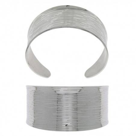 Bracelet jonc manchette motifs striés en acier inoxydable argenté