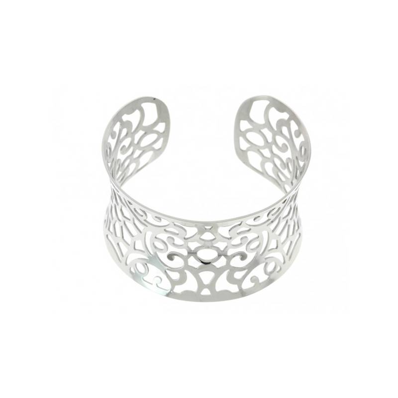 Bracelet jonc manchette ouvert motifs ajourés en acier inoxydable argenté