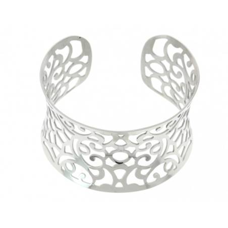 Bracelet jonc manchette ouvert motifs ajourés en acier inoxydable argenté