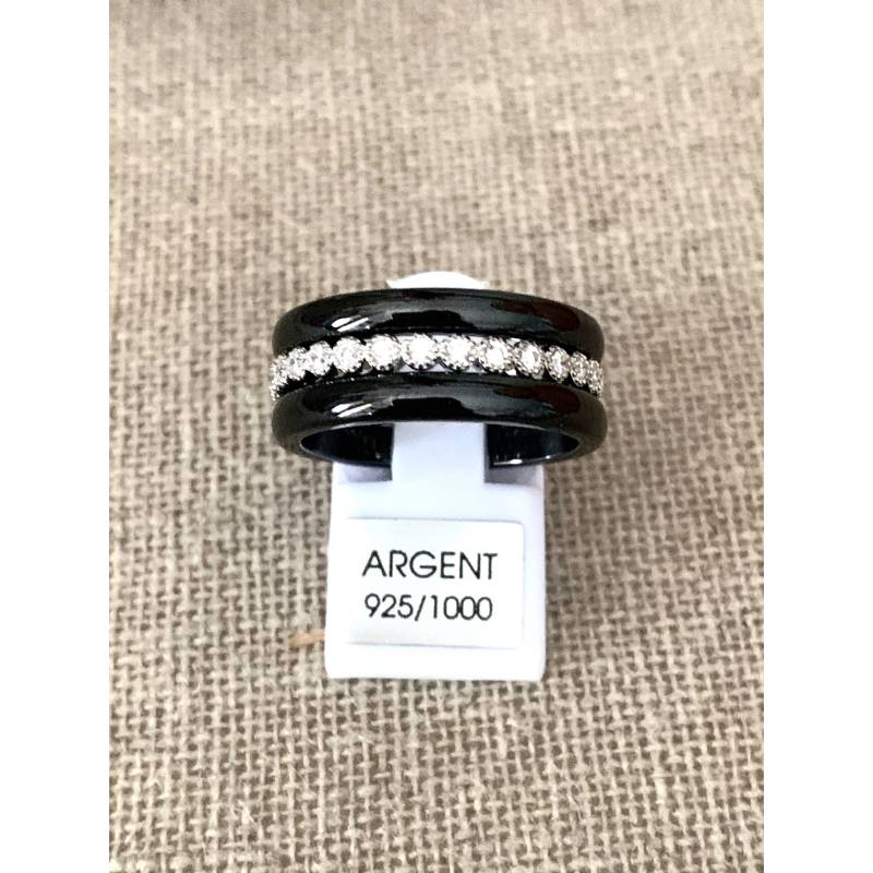 Bague Céramique Noire 3 Anneaux Argent Zirconium T50-52-54-56-58-60