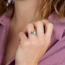 Bague Double Anneaux SOLITAIRE 2 en 1 Argent Massif 925/1000 Rhodié