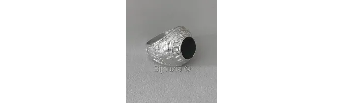 Chevalière US Américaine En Argent 925/000 Onyx Tailles 52 à 70