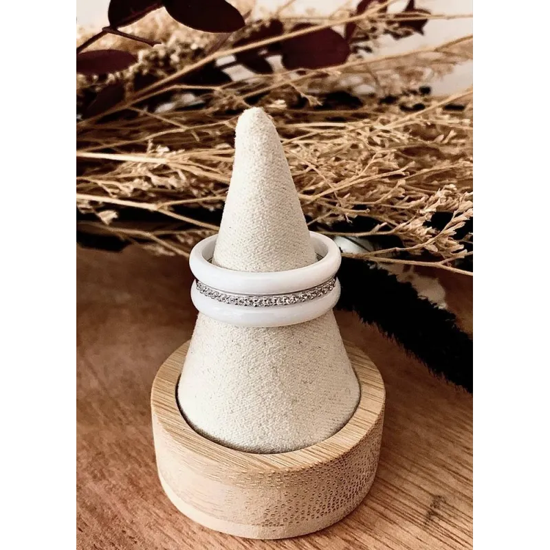 Bague En Céramique Blanche Avec Barrettes Argent 925 Et Pierres - Occasion