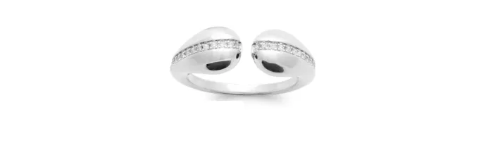 Bague ouverte goutte d'eau empierrée zirconium en argent massif rhodié T50 à 60