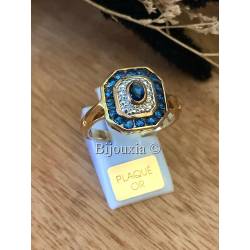 Bague pavé carré saphirs pierres bleues zirconium plaqué or 18 Carats T50 à 68