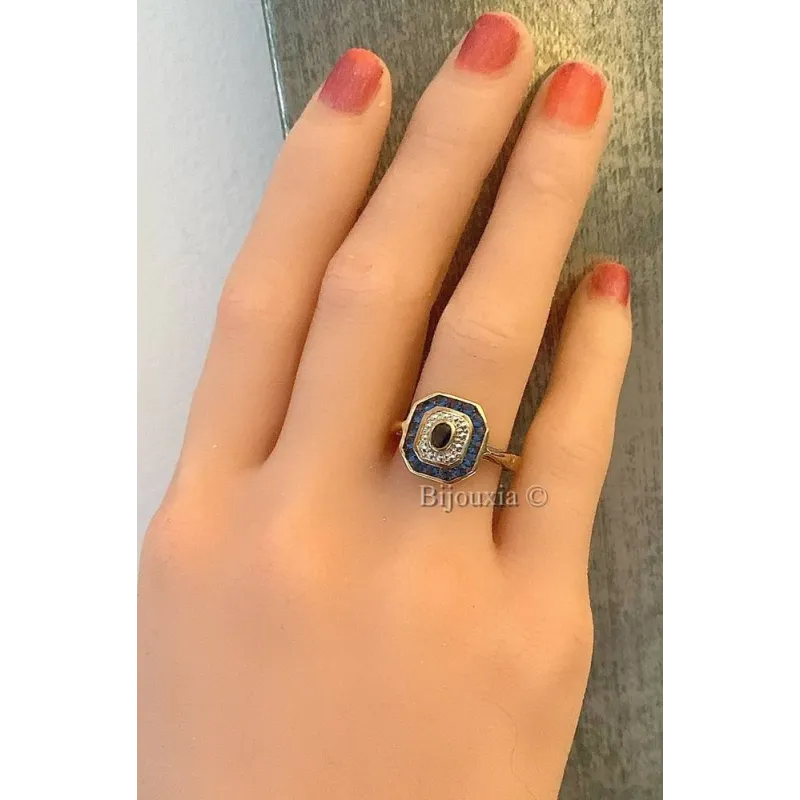 Bague Sertie Saphir Cz Et Diamants Plaqué Or 18K - Taille 56 - Dolly-Bijoux - Neuve étiquetée