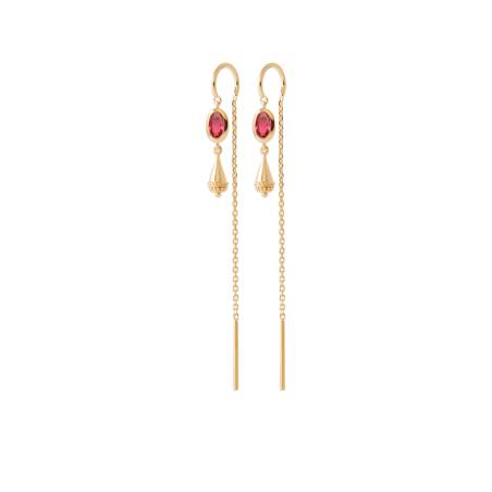 Boucles D'oreilles Double Pendantes Cristal Rose Plaqué or 18 Carats 750/000