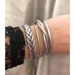 Bracelet véritable jonc bouddhiste tressé couleur argentée