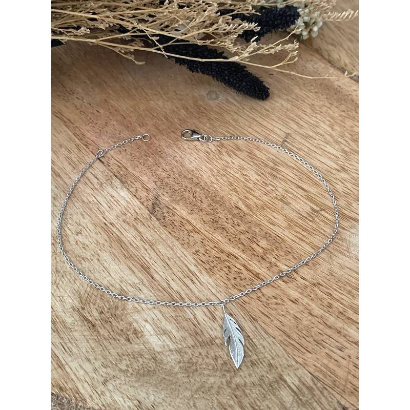 Chaîne Cheville Plume Pendante Argent Massif 925/000 Rhodié