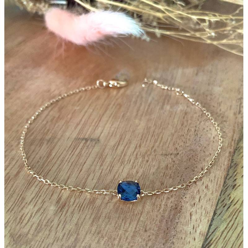 Bracelet Cristal Sertie 4 Griffes Bleu Saphir Plaqué or 18 Carats