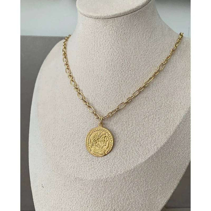 Collier Sautoir Chaîne 80cm avec pièce Romaine en argent 925/000 doré Vermeil
