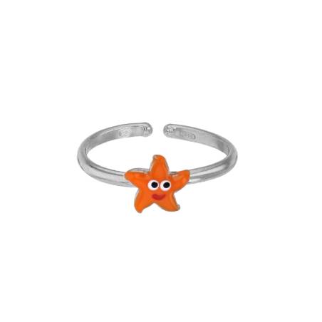 Bague enfant réglable étoile de mer émaillé orange, argent 925/1000 rhodié