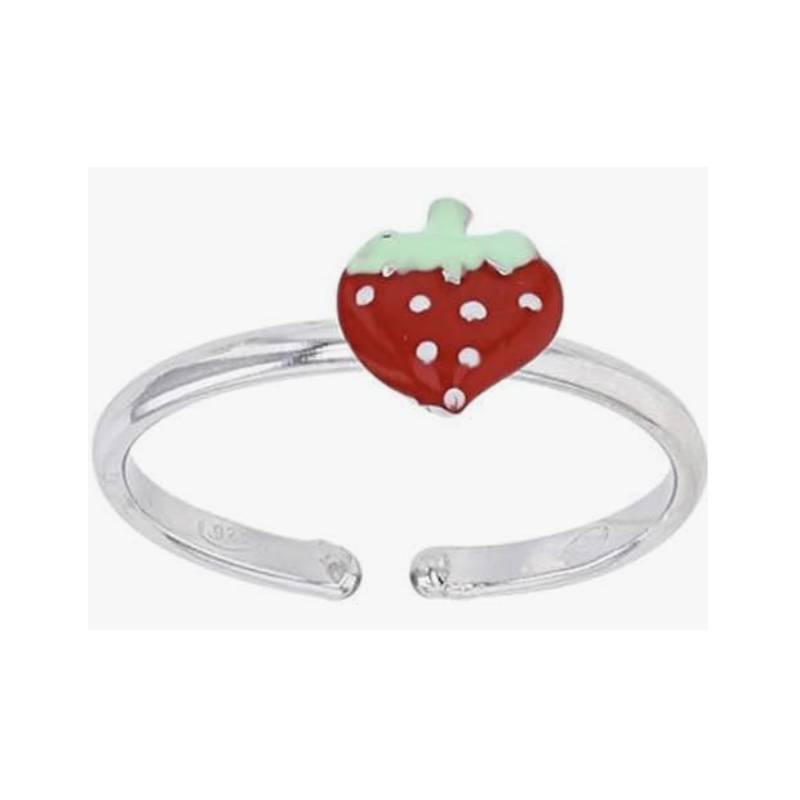 Bague enfant réglable fraise émaillé rouge, argent 925/1000 rhodié