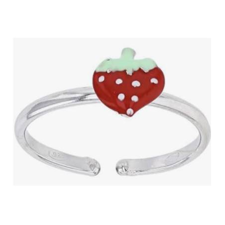 Bague enfant réglable fraise émaillé rouge, argent 925/1000 rhodié