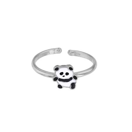 Bague enfant réglable petit panda émaillé, argent 925/1000 rhodié