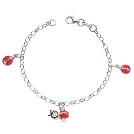Bracelet coccinelles pampilles émaillées rouge, argent 925/1000 rhodié
