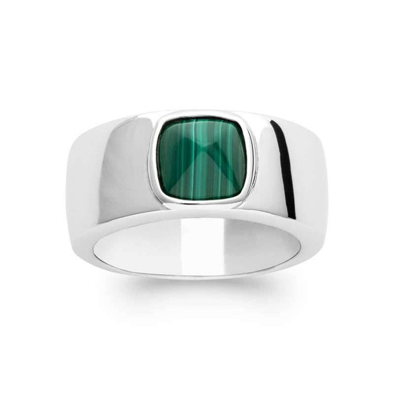 Bague Pierre Malachite Véritable En Argent 925/000 Rhodié T50 à 60