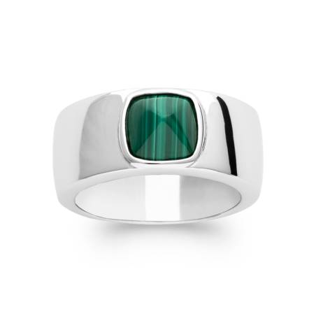 Bague Pierre Malachite Véritable En Argent 925/000 Rhodié T50 à 60